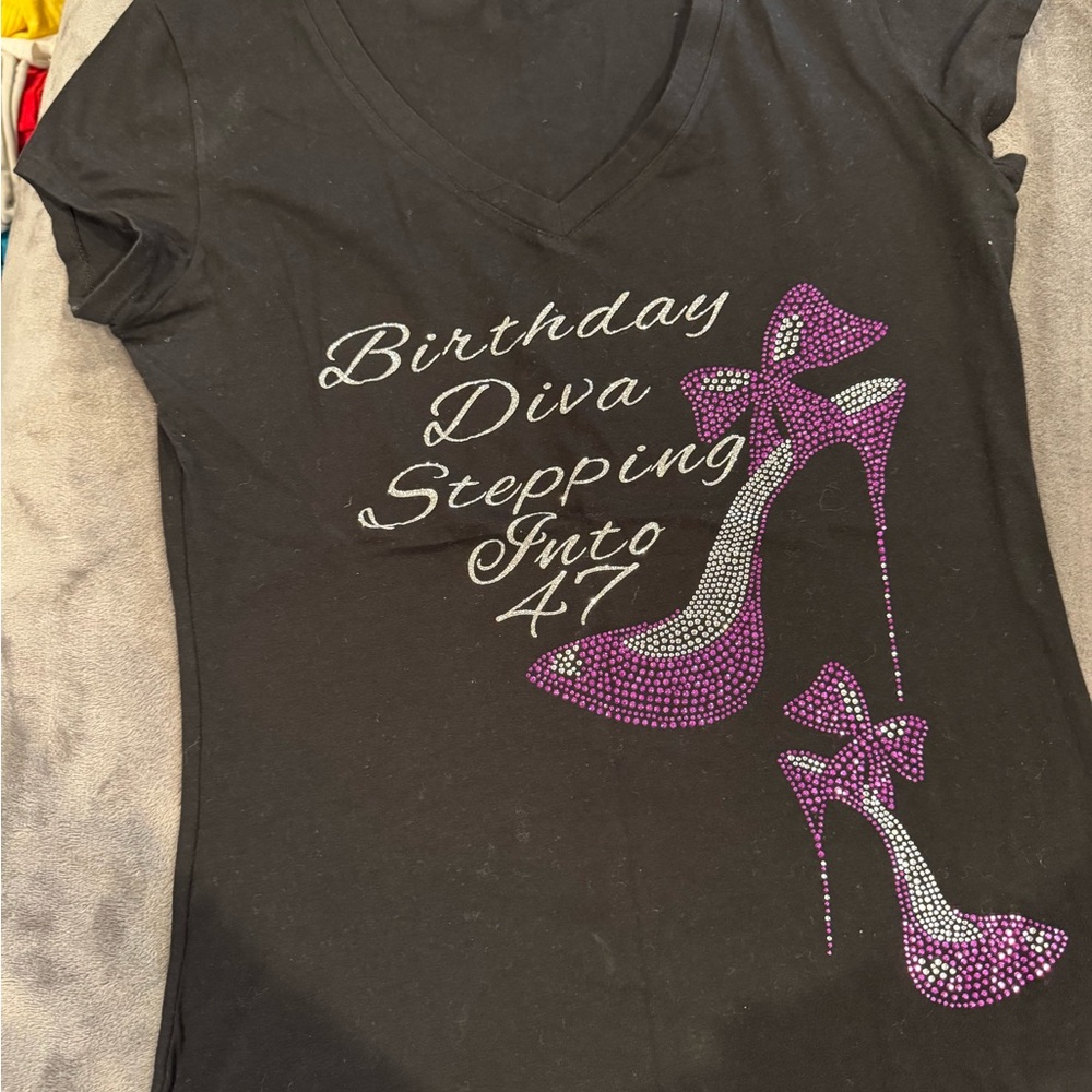 Black T-Shirt with Purple Rhinestone Design